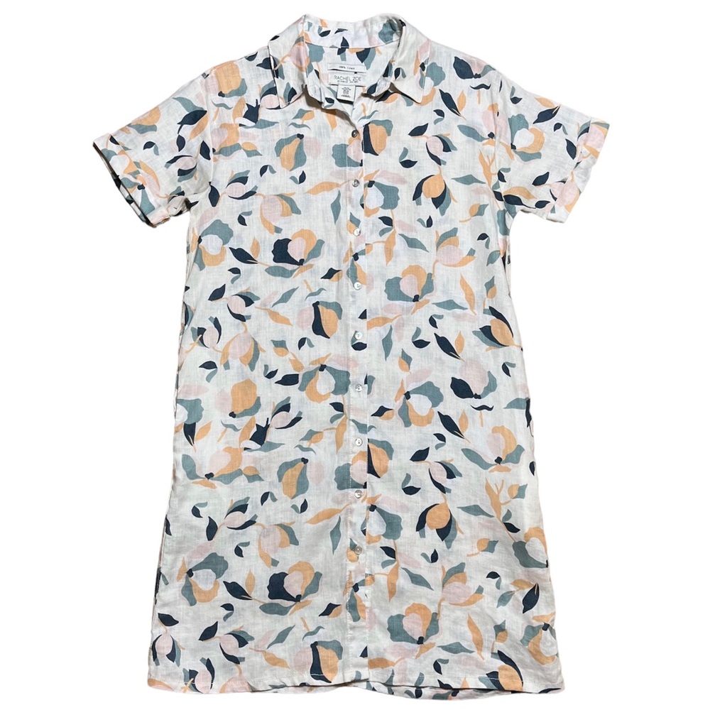 Rachel Zoe 100% Linen Floral Button Down Shirt Dress Sz XS